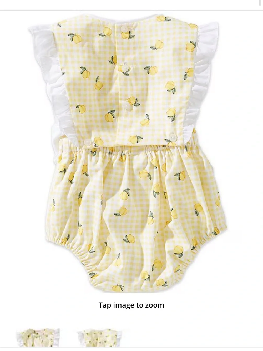 Yellow Lemon Gingham Baby Romper with White Ruffle Bows